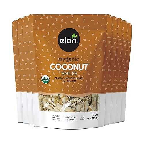 Elan Organic Coconut Smiles, Dried Coconut, Lightly Roasted, Unsweetened Coconut Chips, No Sugar Added, Non-GMO, Vegan, Gluten-Free, Kosher, 8 pack of 4.4 薬局衡オンス