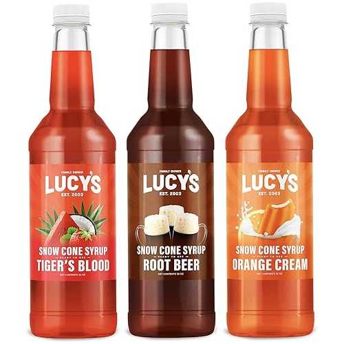 Lucy\u0027s Family Owned シェイブアイス スノーコーン 舎利別 - タイガースブラッド、ルートビール、オレンジ色皮膚軟化剤 - 32薬局衡オンスの舎利別壜 (3個風呂敷き包み) (カーニバル風呂敷き包み) Lucy\u0027s Family Owned Shaved Ice Snow Cone Syrups - Tigers Bloo