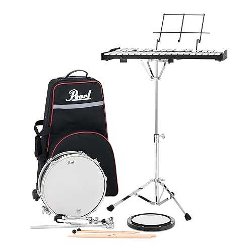 Pearl 32 Note Glockenspiel Metallophone Bell Kit Student Educational Percussion Kit with 13 Inch Wood Snare Drum, Tunable Practice Pad, Rolling Carrying Case, Sticks and Mallets (PL910C)