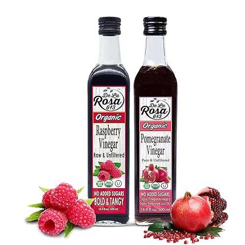 De La Rosa Organic Raspberry \u0026 Pomegranate Vinegar, Raw \u0026 Unfiltered, Vegan, Gluten Free \u0026 Kosher, Great for Organic Salad Dressing and Marinades, 100% Pure Vinegars 16.9 Oz (Pack of 2) De La Rosa 613 De La