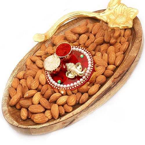 Ghasitaram Gifts Mother\u0027s Day Gifts - Hampers- Wooden Almond Platter with Mini Pooja Thali