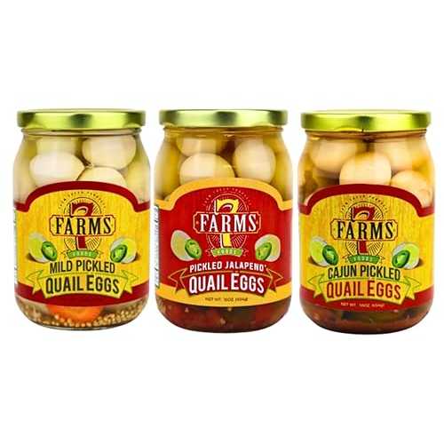 7 Farms Pickled Quail Egg Variety 3 Pack - Mild, Jalapeno, and Cajun Flavors - 16 Ounce Glass Jars (Variety 3 Pack)