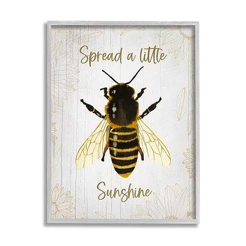 Stupell Industries Spread a Little Sunshine 音楽フレーズ Country Bumble Bee、ジャッキー・クイグリーによる青写真、薄墨色一こま付き添い人ウォール作物、24 x 30、ベージュ Stupell Industries Spread a Little Sunshine Phrase Country Bumble Bee,
