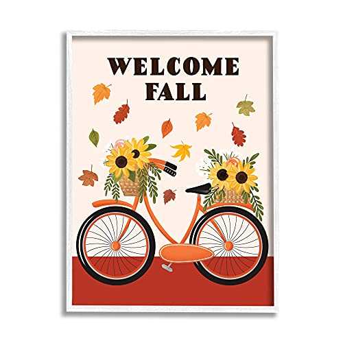 Stupell Industries Welcome Fall Saying Orange Harvest 銀輪ひまわり提げ篭、ジョー・テイラー目論む ホワイトフレームウォールアート、16 x 20、赤いこと Stupell Industries Welcome Fall Saying Orange Harvest Bicycle Sunflower Basket,