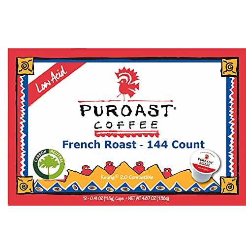 Puroast 低酸珈琲 フレンチ 焙ずる シングル奉公、キューリグ ブルワーズと取り替えっこ性あり、赤銅色、144 個 Puroast Coffee Puroast Low Acid Coffee French Roast Single Serve compatible with Keurig Brewers, Brown, 144 Count