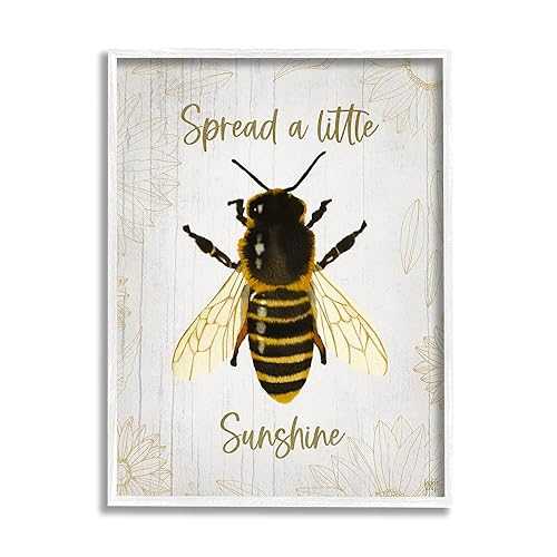 Stupell Industries Spread a Little Sunshine 音楽フレーズ Country Bumble Bee、Jackie Quigley ひな形 ホワイトフレームウォールアート、16 x 20、ベージュ Stupell Industries Spread a Little Sunshine Phrase Country Bumble Bee, Design by