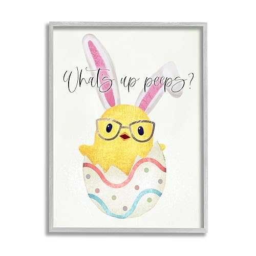 Stupell Industries What\u0027s Up Peeps 面白可笑しい復活祭音楽フレーズ孵すしたひよこ薄墨色ひな形付き添い人ウォール工芸、16 x 20、黄色 Stupell Industries What\u0027s Up Peeps Funny Easter Phrase Hatched Chick Grey Framed Wall Art, 16 x 20, Y