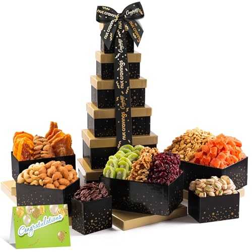 NUT CRAVINGS Gourmet Collection - Congratulations, Nuts \u0026 Dried Fruits Tower Gift Basket, with Congrats Ribbon + Greeting Card (12 Assortments) Food Arrangement, Healthy Snack, Food Assortments