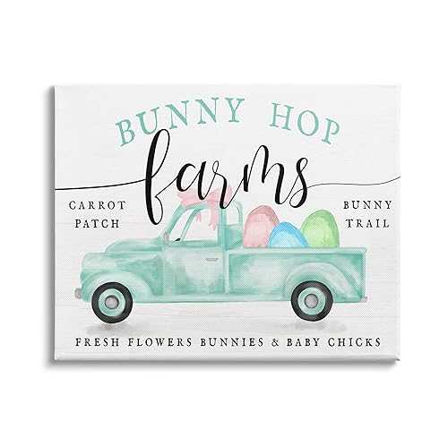 Stupell Industries Bunny Hop Farms 表われ 復活祭エッグ 緑であること 貨物自動車、ダフネ・ポルセリデザイン キャンバスウォールアート、30 x 24、青色 Stupell Industries Bunny Hop Farms Sign Easter Egg Green Truck, Designed by Daphne P