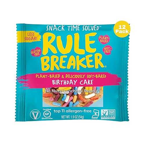 Rule Breaker Vegan \u0026 Gluten Free Cookies / Birthday Cake / Plant-Based, Nut-Free, Top 11 Allergen-Free / Great for School, Office / Soft-Baked, Individually Wrapped (Pack of 12)