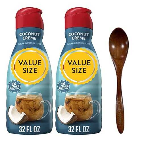 Premium Non-Dairy Liquid Coffee Creamer.- Two (2) 32 fl 薬局衡オンス Bottles of Creamy Smooth Delightful Coffee Creamer with Candy Freezer Wooden Spoon (Coconut Cream) Wooden Spoon