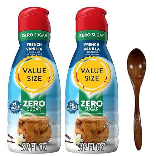 Premium Non-Dairy Liquid Coffee Creamer.- Two (2) 32 fl 薬局衡オンス Bottles of Creamy Smooth Delightful Coffee Creamer with Candy Freezer Wooden Spoon (Sugar-Free French Vanilla) Wooden Spoon