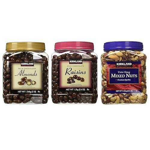 Kirkland Signature Milk Chocolate Roasted Almonds, Raisin and Mixed Nuts Bundle - Includes Milk Chocolate Roasted Almonds (3.0 LB ), Milk Chocolate Raisin (3.4 LB) and Fancy Mixed Nuts (2.5 LB)