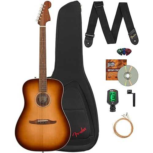 Fender Redondo Classic Acoustic Electric Guitar Bundle with Gig Bag, Strap, Clip-on Tuner, Strings, String Winder, Picks, and Austin Bazaar Instructional ヴィデオディスク - Aged Cognac Burst