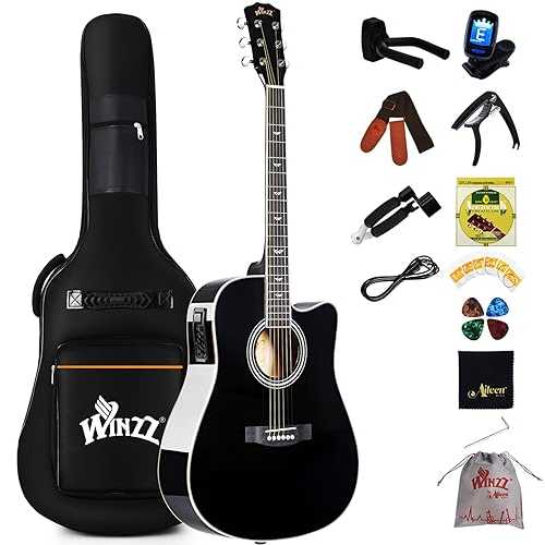 Winzz Acoustic-Electric Guitar 4/4 Full Size for Adults Beginners and Teens, 6 Steel-String Acustica Guitarra Starter Kit, 4-Band Equaliser, 41\" Dreadnought Cutaway, Glossy Black, Right Hand"