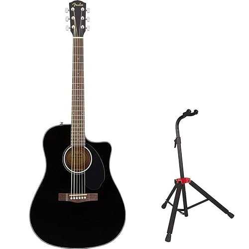 Fender CD-60SCE Dreadnought Cutaway Acoustic Electric Guitar Bundle with Fender Guitar Stand, Height-Adjustable with Sturdy Metal