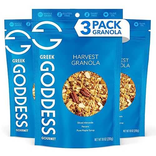 Greek Goddess Gourmet Harvest Granola with Pecans, Almonds, Coconut \u0026 Maple Syrup, 100% Whole Grain Oats \u0026 Olive Oil Healthy, Greek-Inspired, Gluten Free Granola, 10薬局衡オンス (3-Pack)