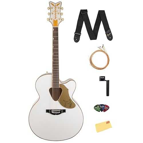 Gretsch G5022CWFE Rancher Falcon Jumbo Acoustic-Electric Guitar - White Bundle with Strings, Strap, Picks, String Winder, and Austin Bazaar Polishing Cloth