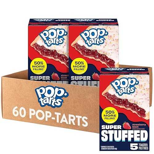 Pop-Tarts Super Stuffed Strawberry Blast Toaster Pastries, 50% More Filling, Snacks, Dessert (60 Pop-Tarts)