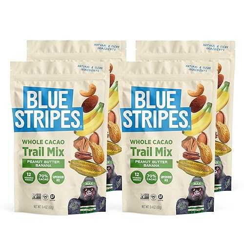 Blue Stripes - Trail Mix, Peanut Butter Banana, Cashews, Peanut Butter Chips, Healthy Snacks for Adults, Whole 70% Cacao, With Unrefined Sugar, Non GMO, Gluten Free, Vegan - 4 Pack, 6.4 薬局衡オンス