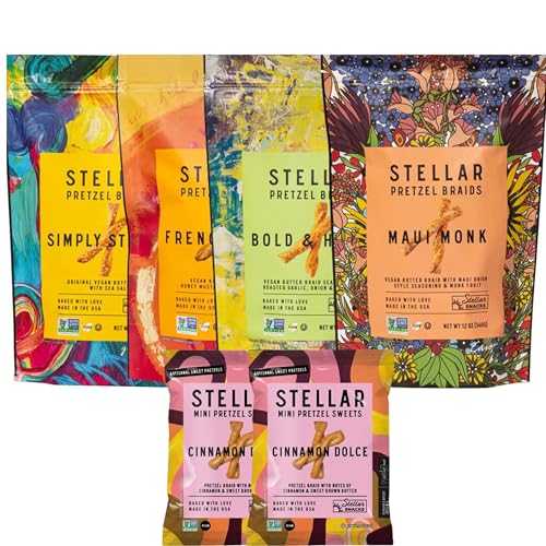 Stellar Snacks Pretzel Braids, 5 Flavor Variety Sampler Pack of Regular and Mini Pretzels Combo, Maui Monk, Simply Stellar, French Dijon, Bold Herby, Cinnamon Dolce, 12 Oz Pretzels \u0026 1.5 Oz Bags, Gourmet Pretzel