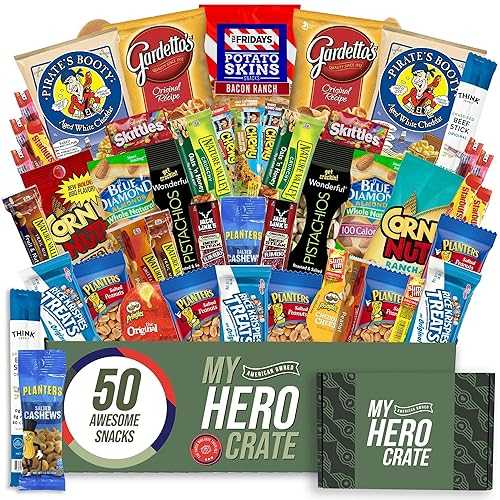 Military Men\u0027s Hearty Snack Box (50 Piece Variety Gift Basket Care Package) Jerky, Nuts, Chips, Pretzels, Variety Pack - My College Crate