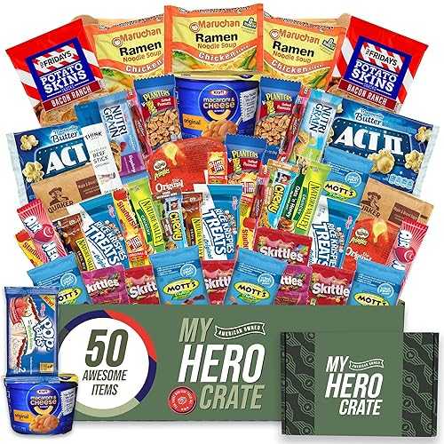My College Crate My Hero Crate Microwave Military Care Package - 50 Pcs Variety Gift Basket - Snack Variety Box Pack with Ramen, Candy, Pop Tarts, Nuts, Skittles and More