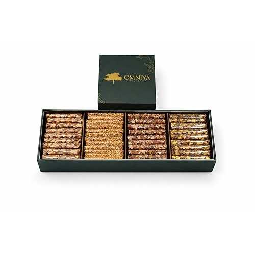 OMNIYA Delicacy Indigo Croquant Box (40 Pieces) Mediterranean Gourmet Sesame Snack Bar Crispy Pistachio, Almond, Cashew \u0026 Sesame Treats Elegant Gift for Holidays, Birthdays \u0026 Special Occasions
