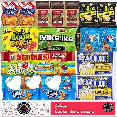 Blunon Movie Snacks Box - Movie Night Basket Gift Set - Movie-Night Snack Box for Families and Kids - Gift Basket - Popcorn Movie Night Kit - Popcorn, Candy, Snack Box Assortment (20 Count)