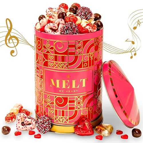 Gift Tin with Assorted Treats, Popcorn, Yogurt Heart Pretzels, Milk Chocolate Caramel Balls, Musical Present for Wife, Girlfriend, Romantic, Mom, Spouse, Plays La Vie En Rose- Bonnie and Pop