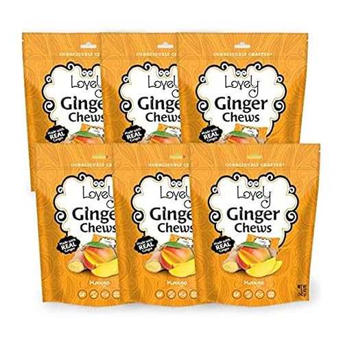 Lovely Candy Co. Mango Ginger Chews, Made with Real Ginger, Individually Wrapped, 5薬局衡オンス (6-Pack) / Gluten-Free, Non-GMO, NO Artificial Ingredients, NO High Fructose Corn Syrup / 4 Simple Ingredients!