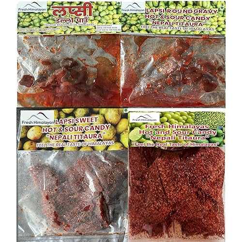 Fresh Himalayas Titaura 4 Packs, Lapsi (Hong Plum) \u0026 Amala (Gooseberry) Whole With Lemon \u0026 Mango Titaura - Hot \u0026 Sour Candy Bites, Con Chile Trocitos, A Sour Tangy \u0026 Spicy Pau Treat - Agria Nepali Titaura
