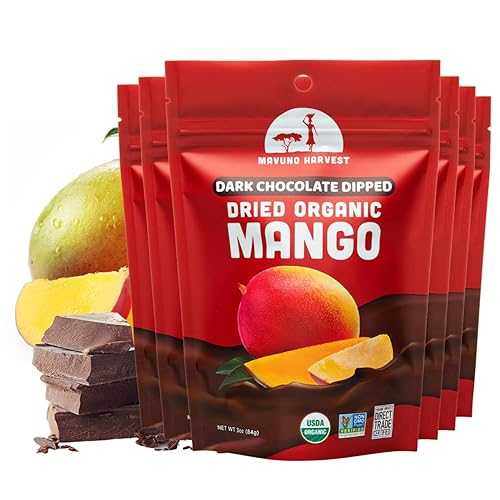 Mavuno Harvest Organic Chocolate Covered Mango - Organic Dried Mango Dipped インチ Dark Chocolate - Non GMO, Fair Trade, No Preservatives \u0026 Vegan Chocolate Treats - Healthy Chocolate Snacks - 6 x 3 Ounces