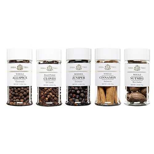 India Tree Winter Holiday Spice Gift Pack - Cinnamon, Nutmeg, Cloves, Allspice, and Juniper Berries - 7.7 Ounces Total
