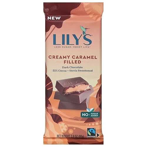 Lily\u0027s Creamy Caramel Flavored Filling Dark Chocolate Style Bar, 55% Cacao, No Sugar Added, Fair Trade, Kosher, Gluten Free, 2.8 Ounce (Pack of 12)