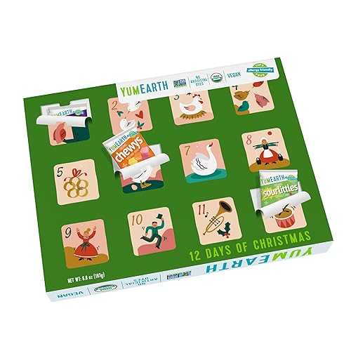 YumEarth Holiday Organic 12 Day Advent Calendar - Christmas Candy Non GMO, Gluten Free, Dye Free, Vegan - Sour Littles, Fruit Snacks, and Chewys Snack Packs