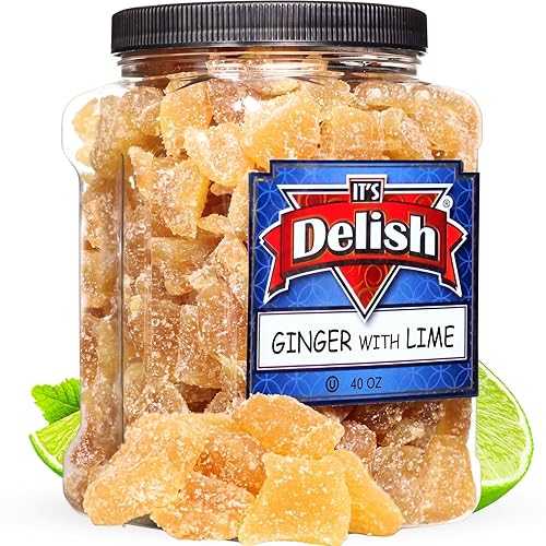 Crystallized Ginger Chunks with Lime by It\u0027s Delish, 2.5 Lb Jumbo Reusable Container / Lime Flavored Candied Dried Ginger Fruit Chews Natural Candy, Ginger Root with Sugar Crystals, Unsulphured - Healthy Snack, Vegan,