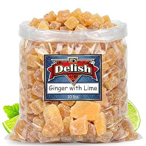 Crystallized Ginger Chunks with Lime by It\u0027s Delish, 10 Lbs Bulk / Lime Flavored Candied Dried Ginger Fruit Chews Natural Candy, Ginger Root with Sugar Crystals, Unsulphured, No Color Added - Healthy Snack, Vegan,