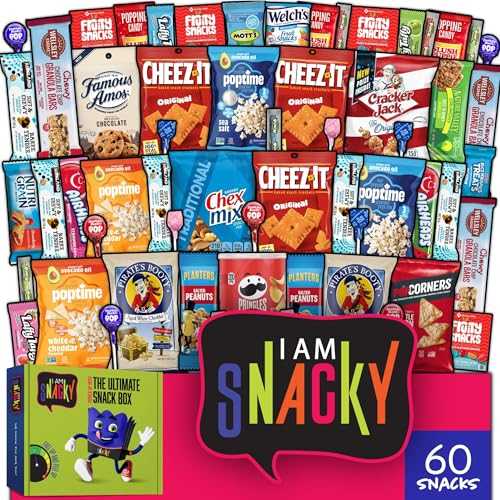 Nut Cravings I AM Snacky - Fathers Day Treats, Gift For Dad, Snack Box Variety Pack Care Package + Greeting Card - SNACKY\u0027S SOCIAL SAMPLER (60 Count) Birthday Sweet Treats Gift Basket, Candies Chips