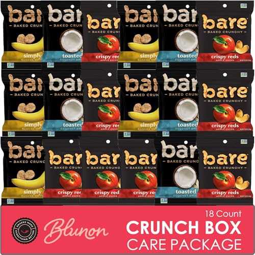 Blunon Bare Chips Variety Pack - Assortment of Apple Chips, Banana Chips and Coconut Chips Snack Size - Care Package Gift Box (18 Count)