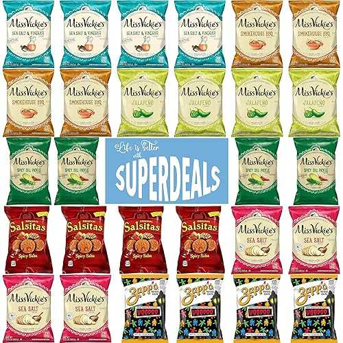 Ultimate Chips Care Package, Gift Variety Assortment / Value Pack Bundled by SUPERDEALS / Pack of 28 with mystery gift 4 Sea Salt \u0026 Vinegar / 4 Smokehouse BBQ / 4 Jalapeno / 4 Spicy Dill Pickle / Spicy Salsa Salsi