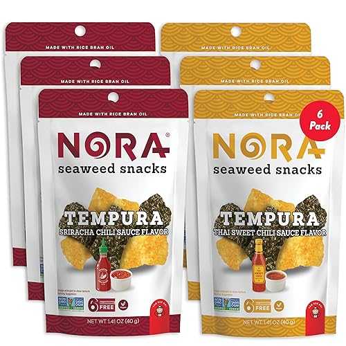 NORA Tempura Spicy Seaweed Snack Variety Pack, Sweet Chili \u0026 Sriracha Flavors, 40 g Pouches (Pack of 6) Crispy, Savory, Spicy Seaweed Snack