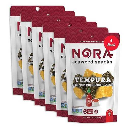 NORA Tempura Seaweed Snack, Sriracha Flavor, 40g Pouch (Pack of 6) Crispy, Spicy Seaweed Snack, Gluten-Free, Light \u0026 Crunchy Asian Snack