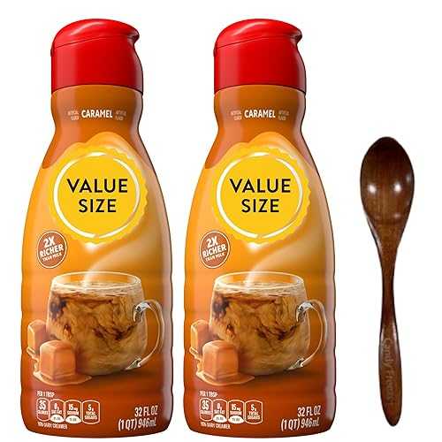 Premium Non-Dairy Liquid Coffee Creamer.- Two (2) 32 fl 薬局衡オンス Bottles of Creamy Smooth Delightful Coffee Creamer with Candy Freezer Wooden Spoon (Caramel) Wooden Spoon