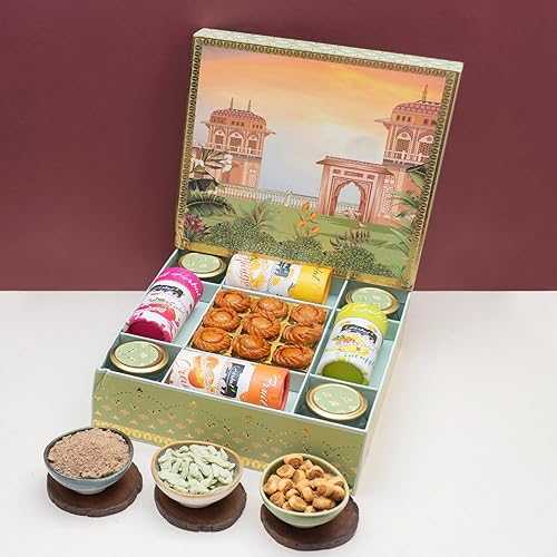 Ghasitaram Gifts Jaiccha Green Print Mini Chandrakala,Gujiya,Thandai,Namkeen,Organic Gulal Box / Gujiya / Thandai / Holi Sweets / Holi Hampers / Holi Gifts /