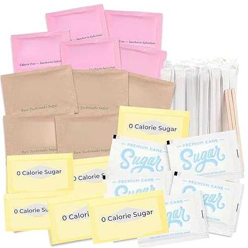 Eva\u0027s Gift Universe Sugar and Sweetener Packets Assortment with Wooden Coffee Stirrers and Varieties for Home Office Coffee Bar or Gift (450 Count Sucralose \u0026 Aspartame Mix)