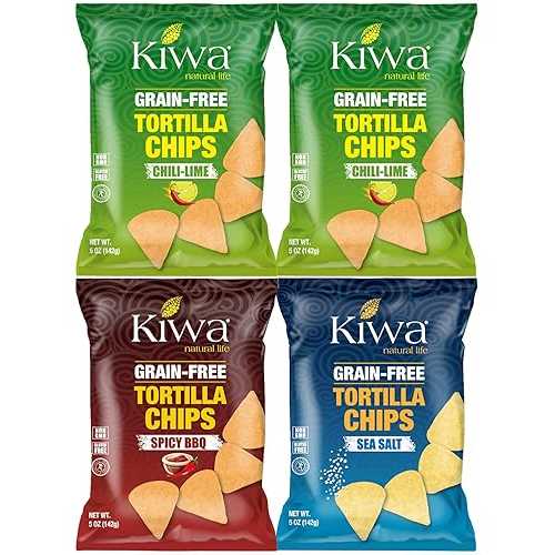 Kiwa Grain-Free Tortilla Chips Flavors Pack Gluten-Free, Vegan, Kosher, Non-GMO Snack Sea Salt, Spicy BBQ \u0026 Chili-Lime, Made with Cassava Flour 5薬局衡オンス Bags (4 Count)