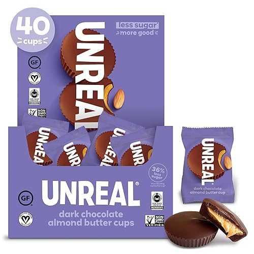 UNREAL うす暗い 黒茶 扁桃 牛酪 優勝杯 / 精製糖5g / 御墨付きビーガン、グルテン無償性、公明正大取り替えっこ、非遺伝因子組み換え / 糖気狂い水や大豆は不当て嵌める / 0.53薬局衡オンス(40個風呂敷き包み) UNREAL Dark Chocolate Almond Butter Cups / 5g Sugar