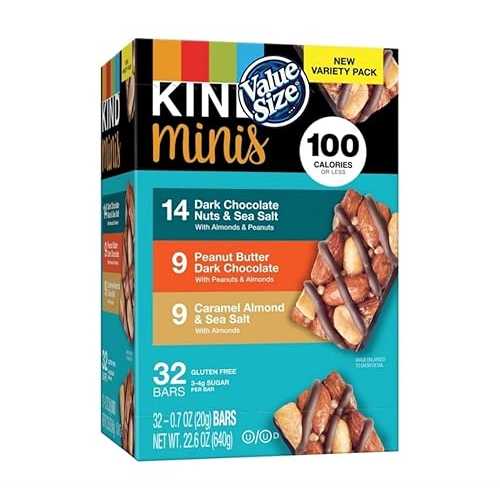 KIND\u0027s Minis Dark Chocolate Nuts \u0026 Sea Salt, Peanut Butter Dark Chocolate, and Caramel Almond \u0026 Sea Salt bars snack variety pack. 32 Count Bundled by MOOCHI Packaging
