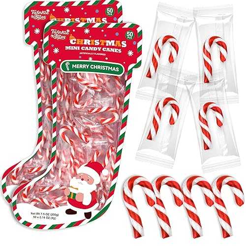 Twinkle Bites 100 Pack Christmas Mini Candy Canes Packed In A Stocking Individually Wrapped, Peppermint Flavor Bulk Candy Canes Great Use For Stocking Stuffers, Classroom Partys, Party Favors, Holiday Decorations